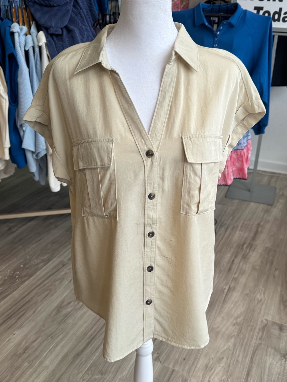 Zenana Outfitters Women's Short-Sleeve Button Down Shirt in Beige